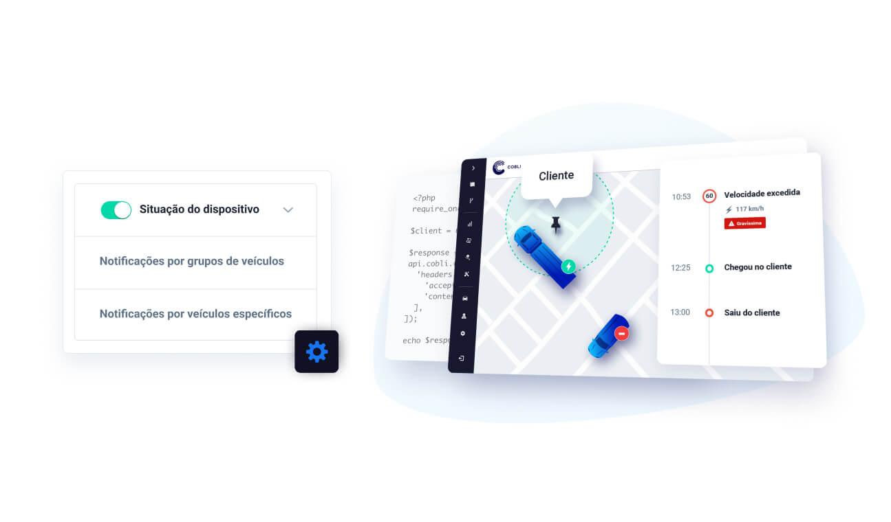Uma tela do painel da Cobli, com outra de um editor de código por trás dela. A direita, um popup com o texto "Situação do dispositivo" e um botão de ativar/desativar.