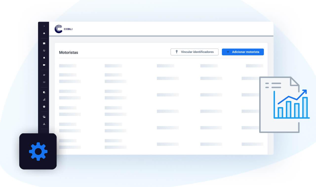 Uma tela com uma versão simplificada do painel da Cobli, comum ícone de engrenagem e um ícone de gráfico acima dela.