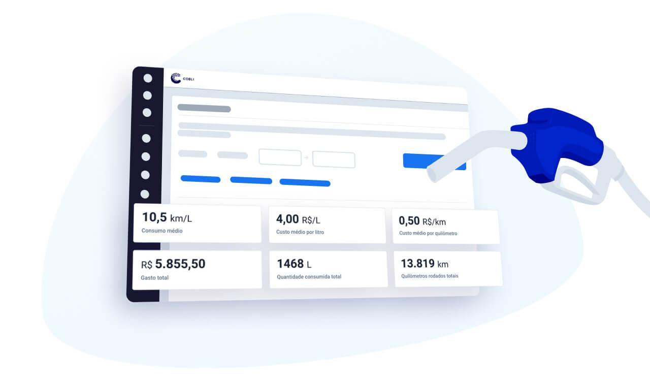 Uma tela simplificada do painel da Cobli, com uma ilustração de um bico de bomba de gasolina a sua direita.