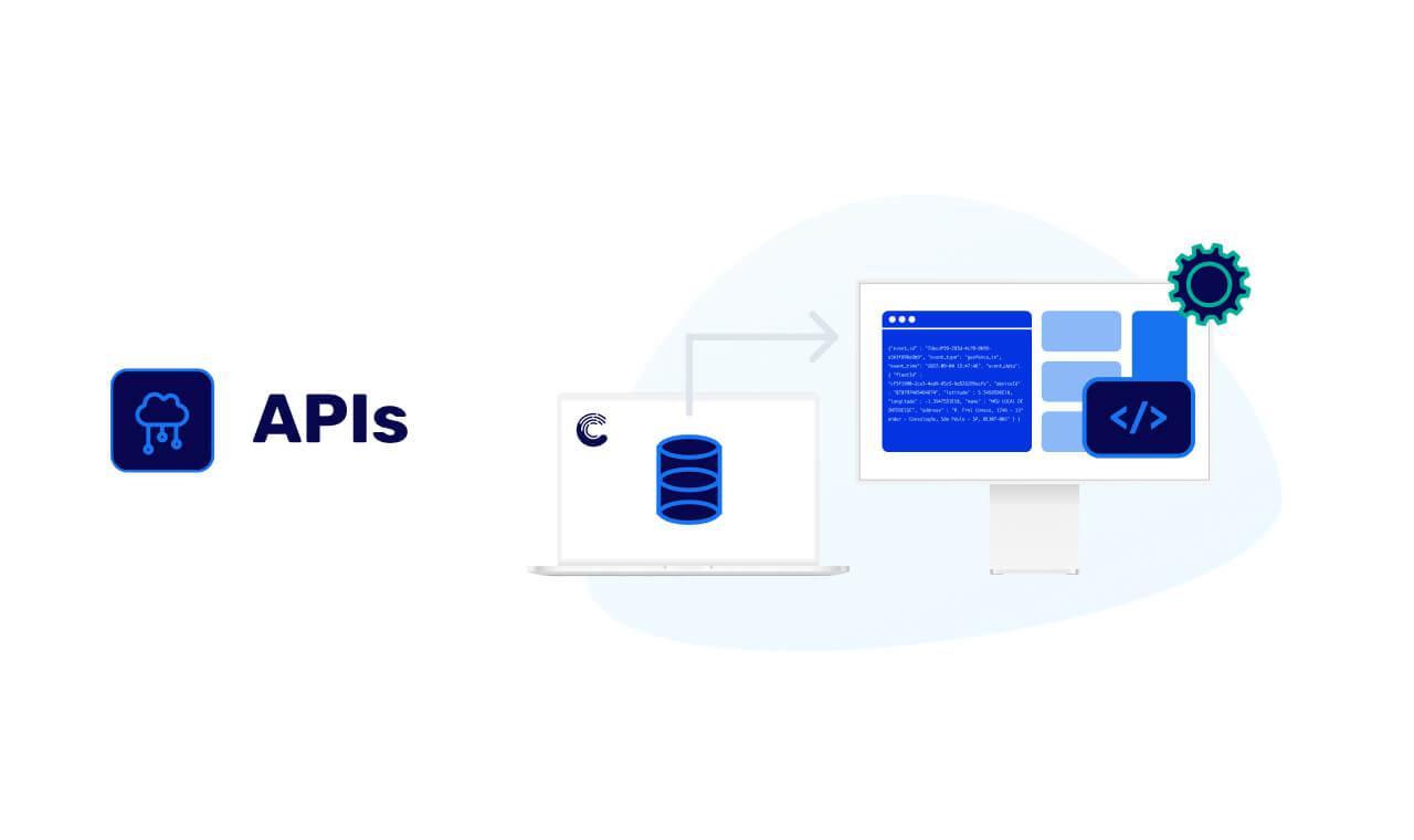 Texto escrito "APIs" ao lado de um diagrama de um notebook envianpdo dados para um computador.
