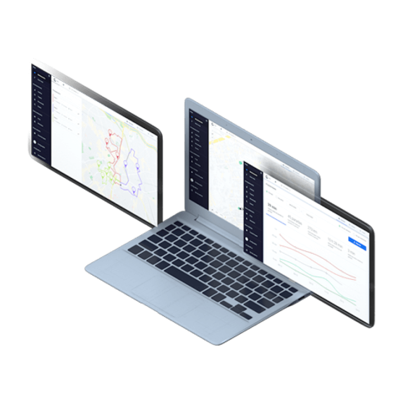 Notebook mostrando múltiplos telas do software da Cobli