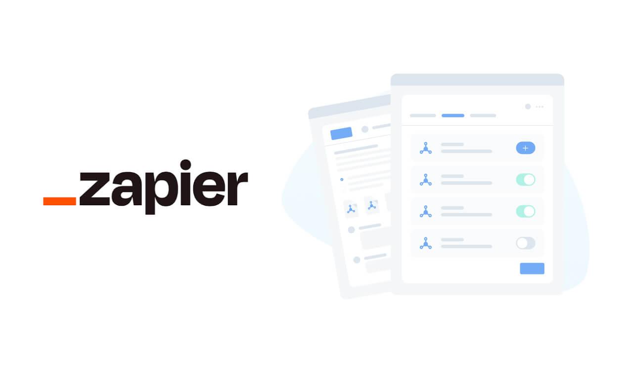 Logo do Zapier ao lado de duas telas minimalista similares ao da ferramenta.